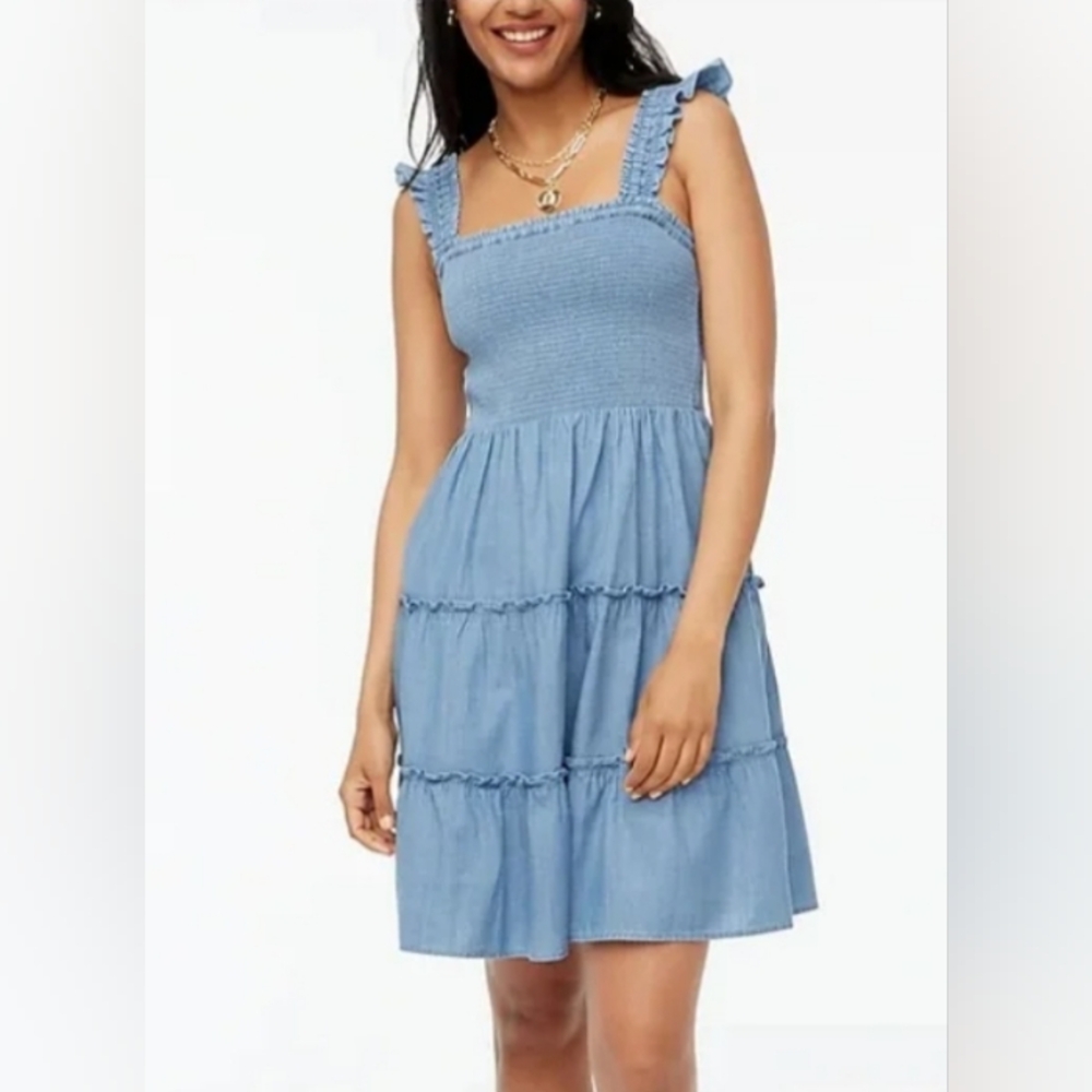 🆕 J. CREW Smocked Tiered  Chambray Sun Dress | M NWT